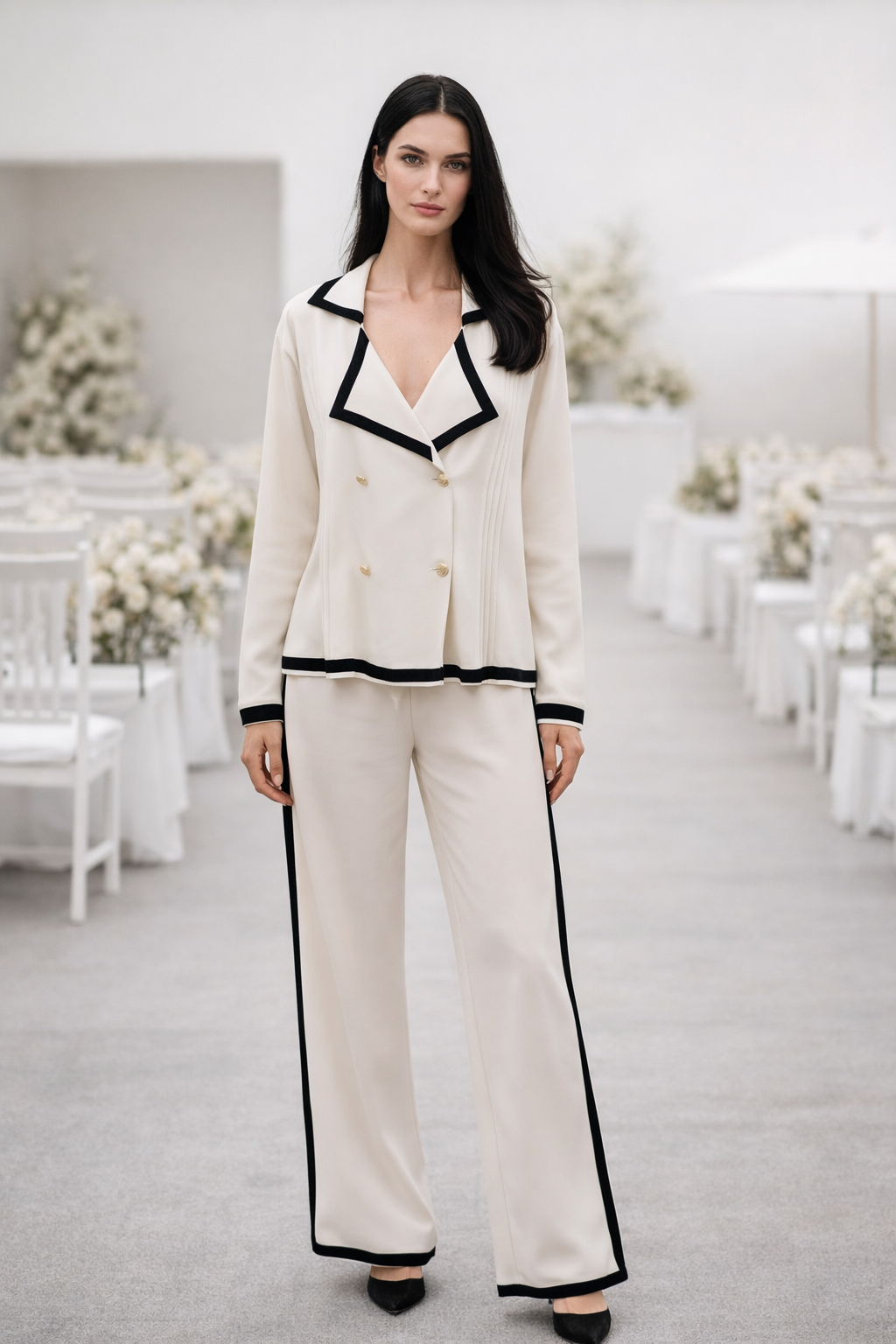 Damen Zweiteiler Regular Fit Strickset mit Matrosenkragen Oberteil und weiter Hose Kontrastdetails Loungewear Set 2-teilig