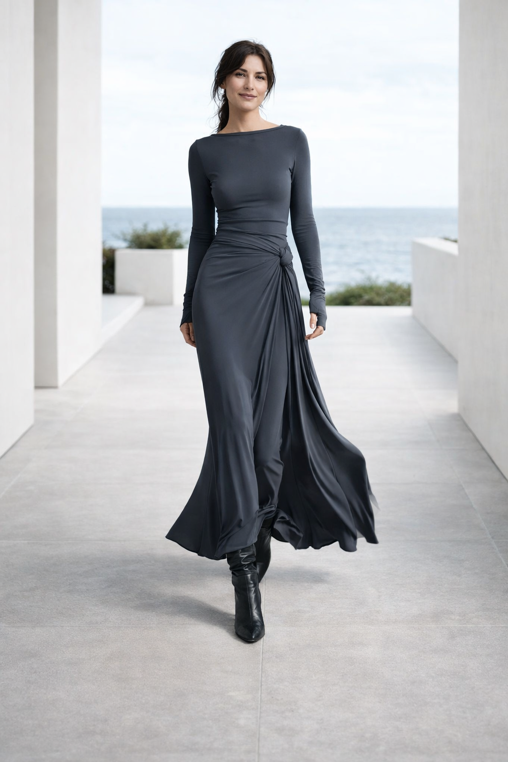 Damen Maxikleid langarm figurbetont Seitenschlitz Drapierung Knoten elegant