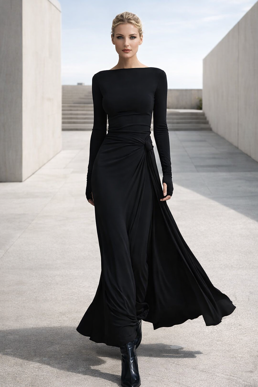 Damen Maxikleid langarm figurbetont Seitenschlitz Drapierung Knoten elegant