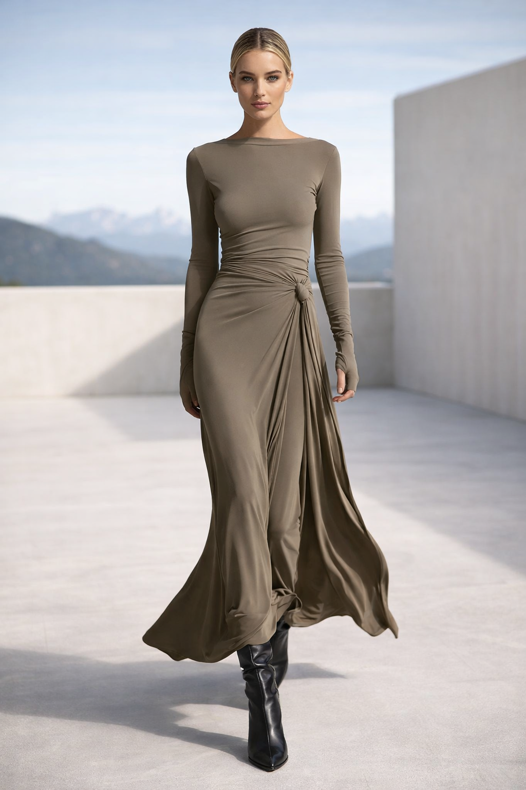 Damen Maxikleid langarm figurbetont Seitenschlitz Drapierung Knoten elegant