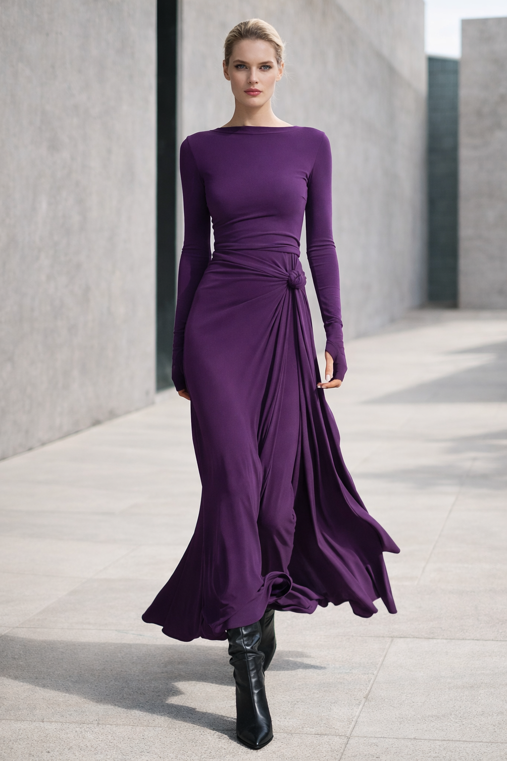 Damen Maxikleid langarm figurbetont Seitenschlitz Drapierung Knoten elegant