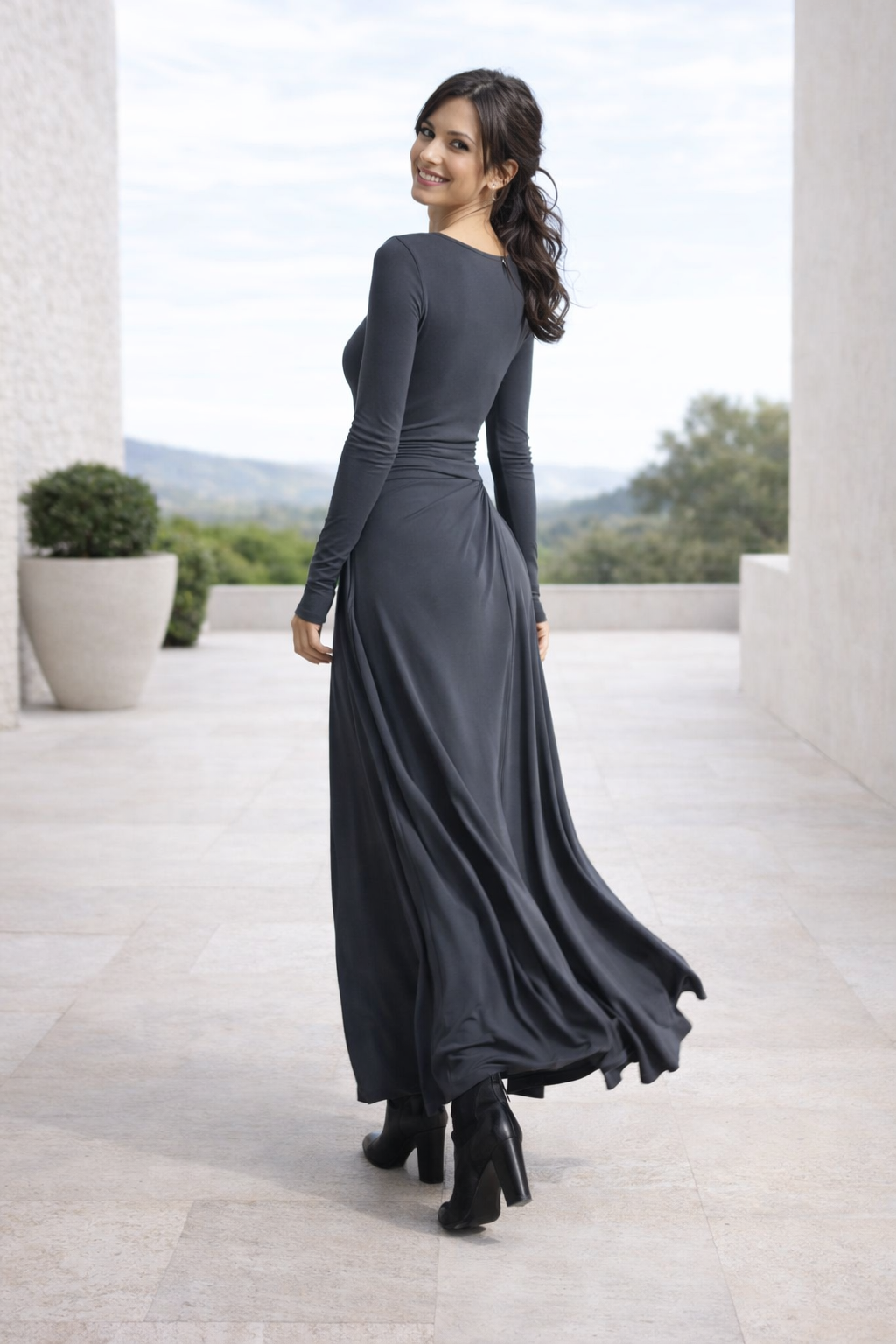Damen Maxikleid langarm figurbetont Seitenschlitz Drapierung Knoten elegant