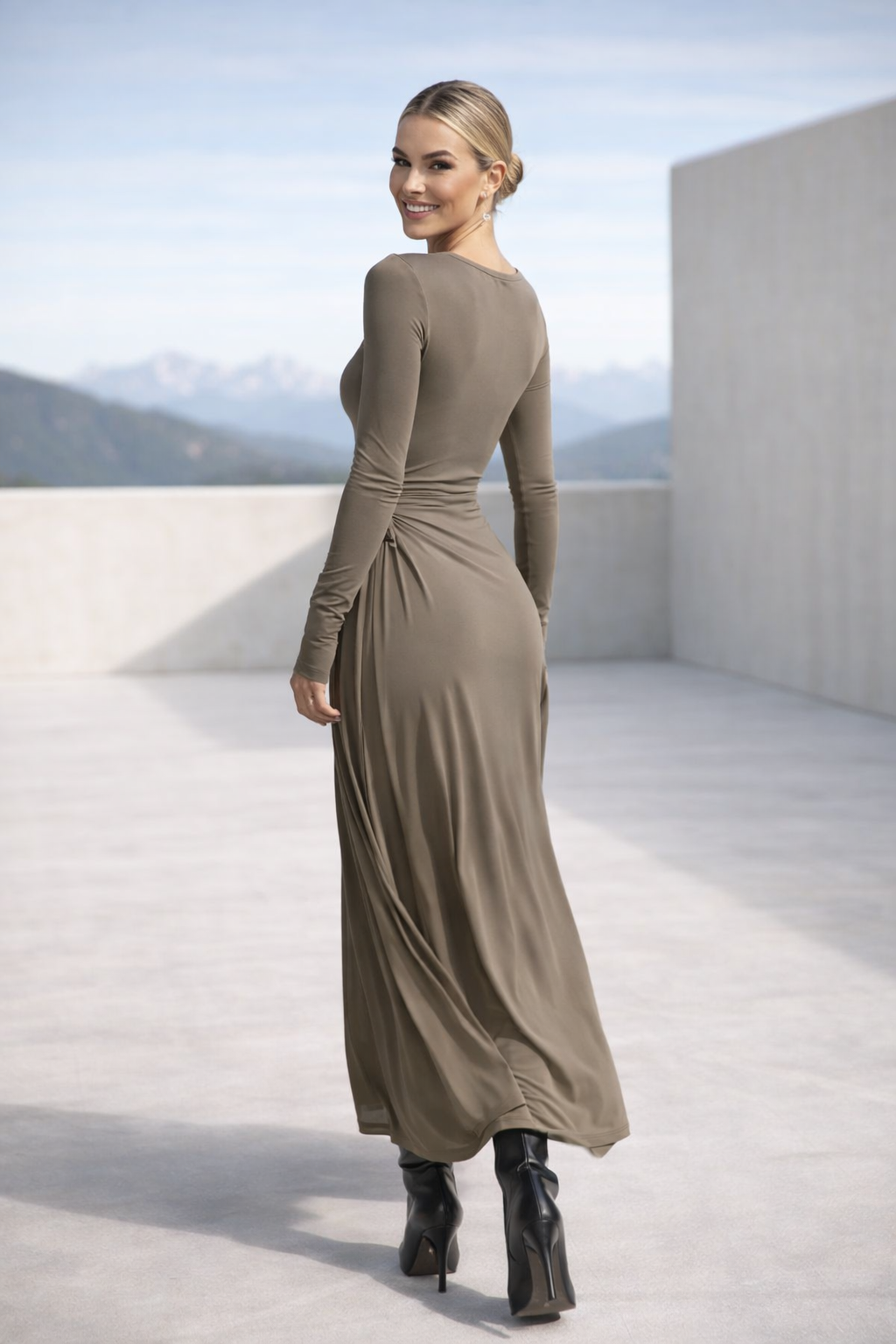 Damen Maxikleid langarm figurbetont Seitenschlitz Drapierung Knoten elegant