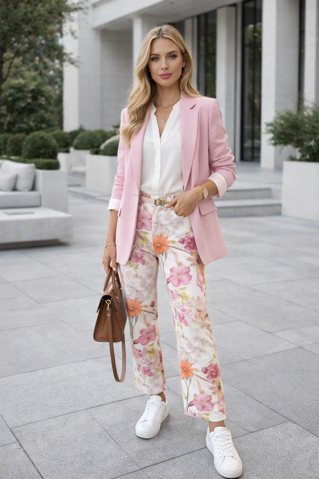 Damen Hose High Waist Floral Muster Regular Fit Leicht Sommer Frühling Casual Elegant Alltag