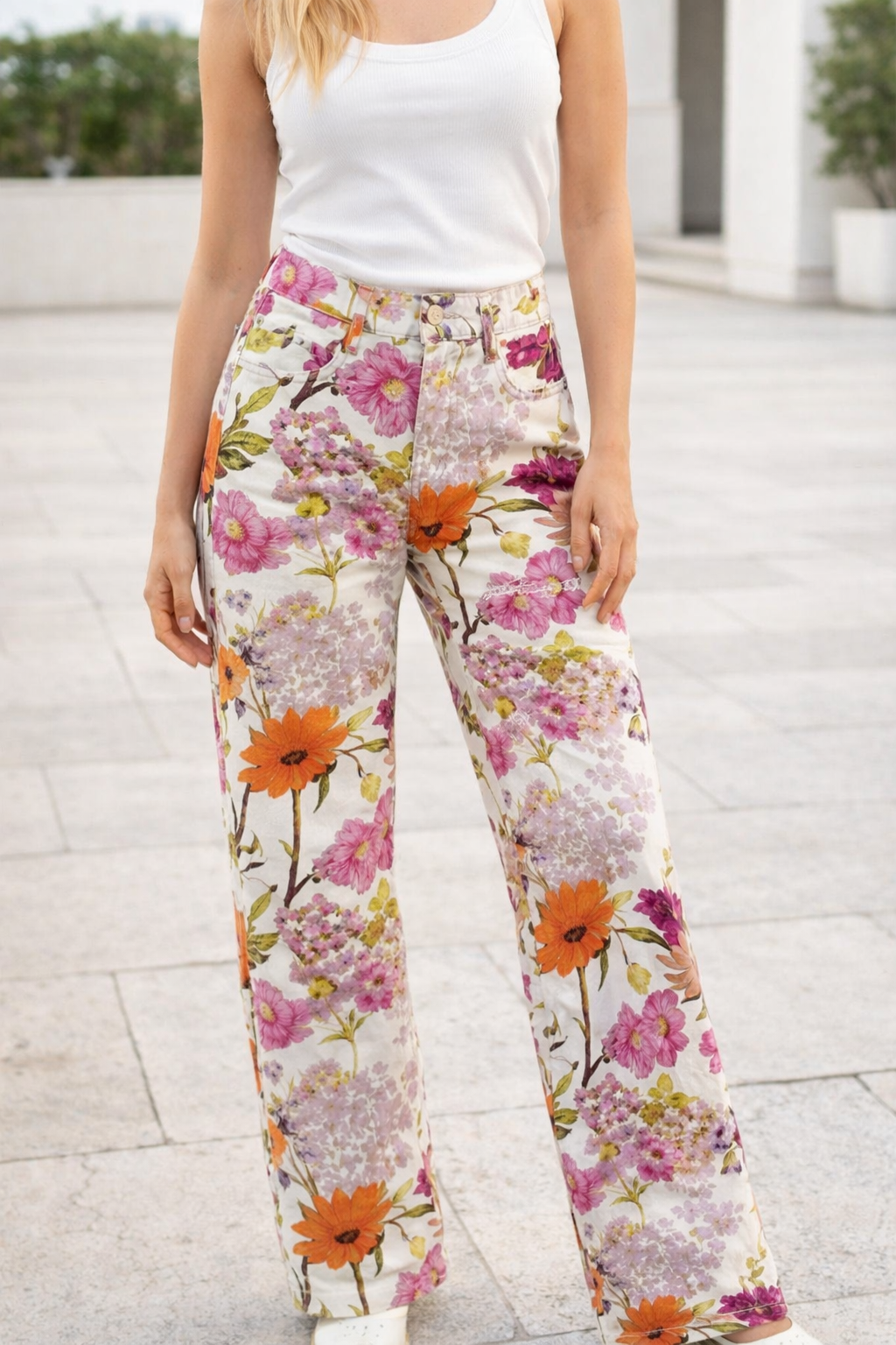 Damen Hose High Waist Floral Muster Regular Fit Leicht Sommer Frühling Casual Elegant Alltag