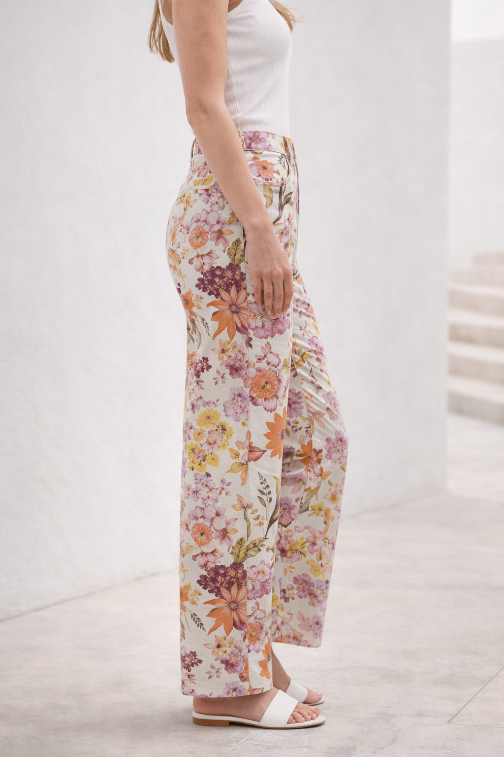 Damen Hose High Waist Floral Muster Regular Fit Leicht Sommer Frühling Casual Elegant Alltag