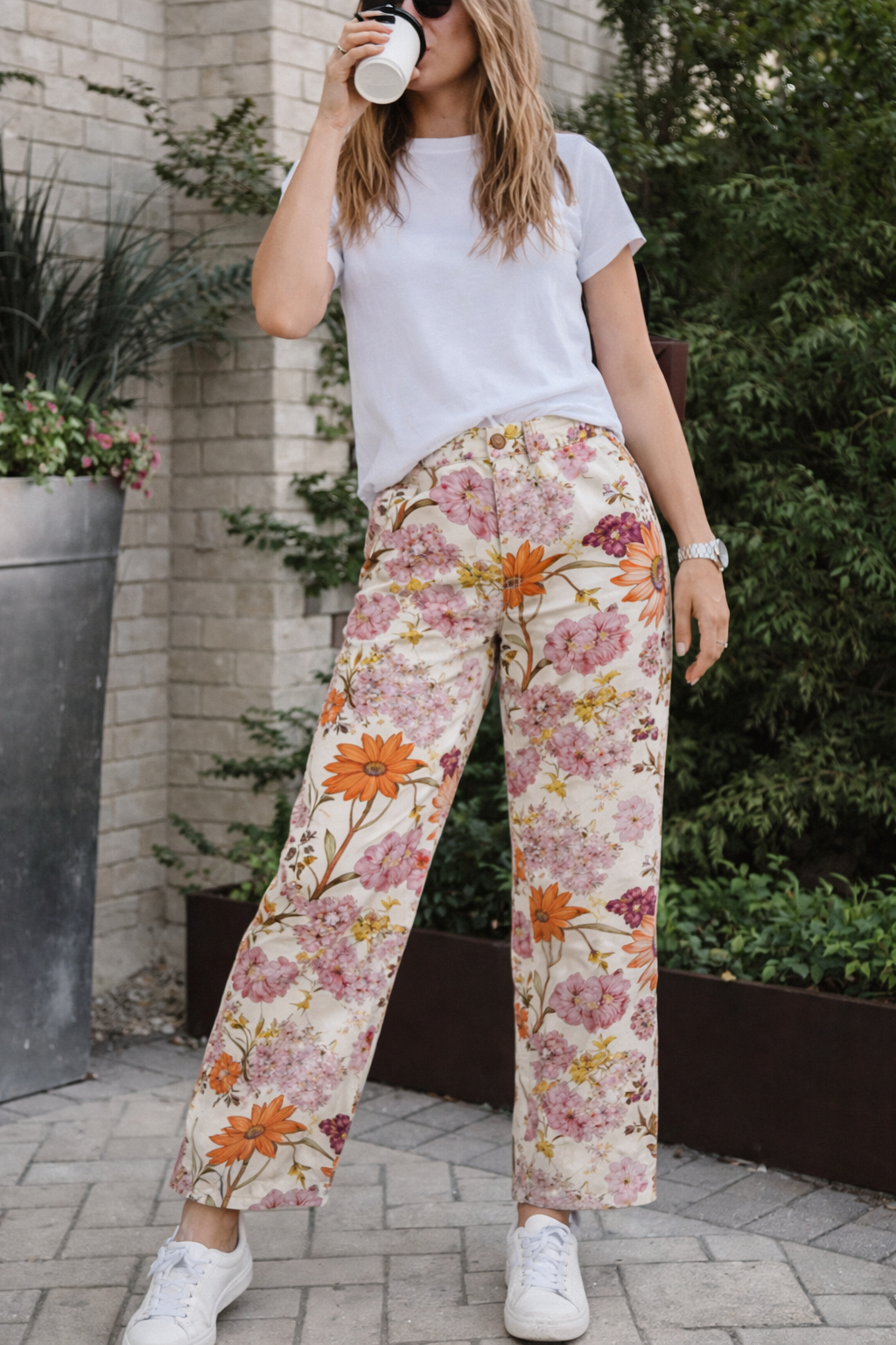 Damen Hose High Waist Floral Muster Regular Fit Leicht Sommer Frühling Casual Elegant Alltag