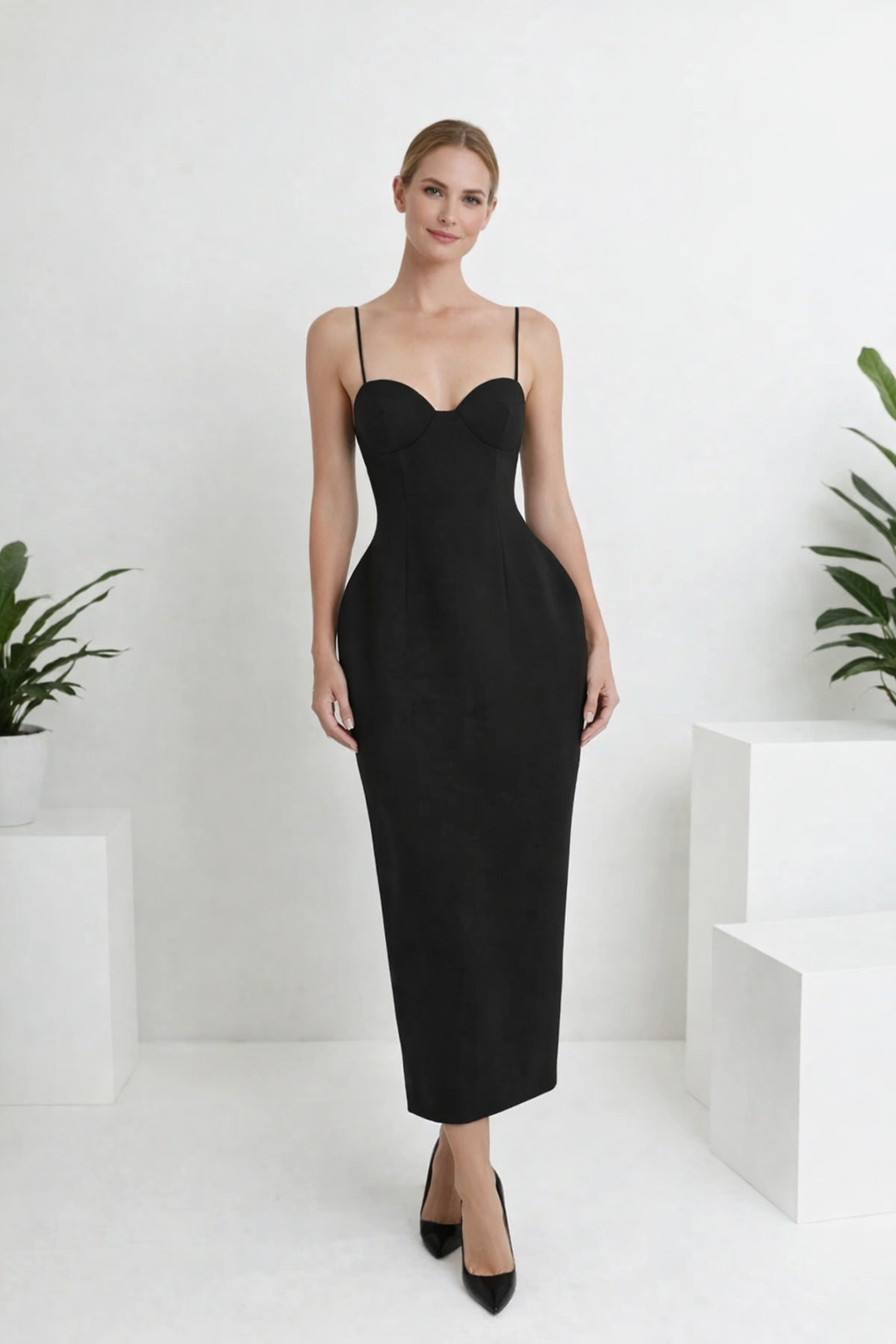Damen Midikleid figurbetont Bustier schmale Träger elegant fließend Cocktailkleid