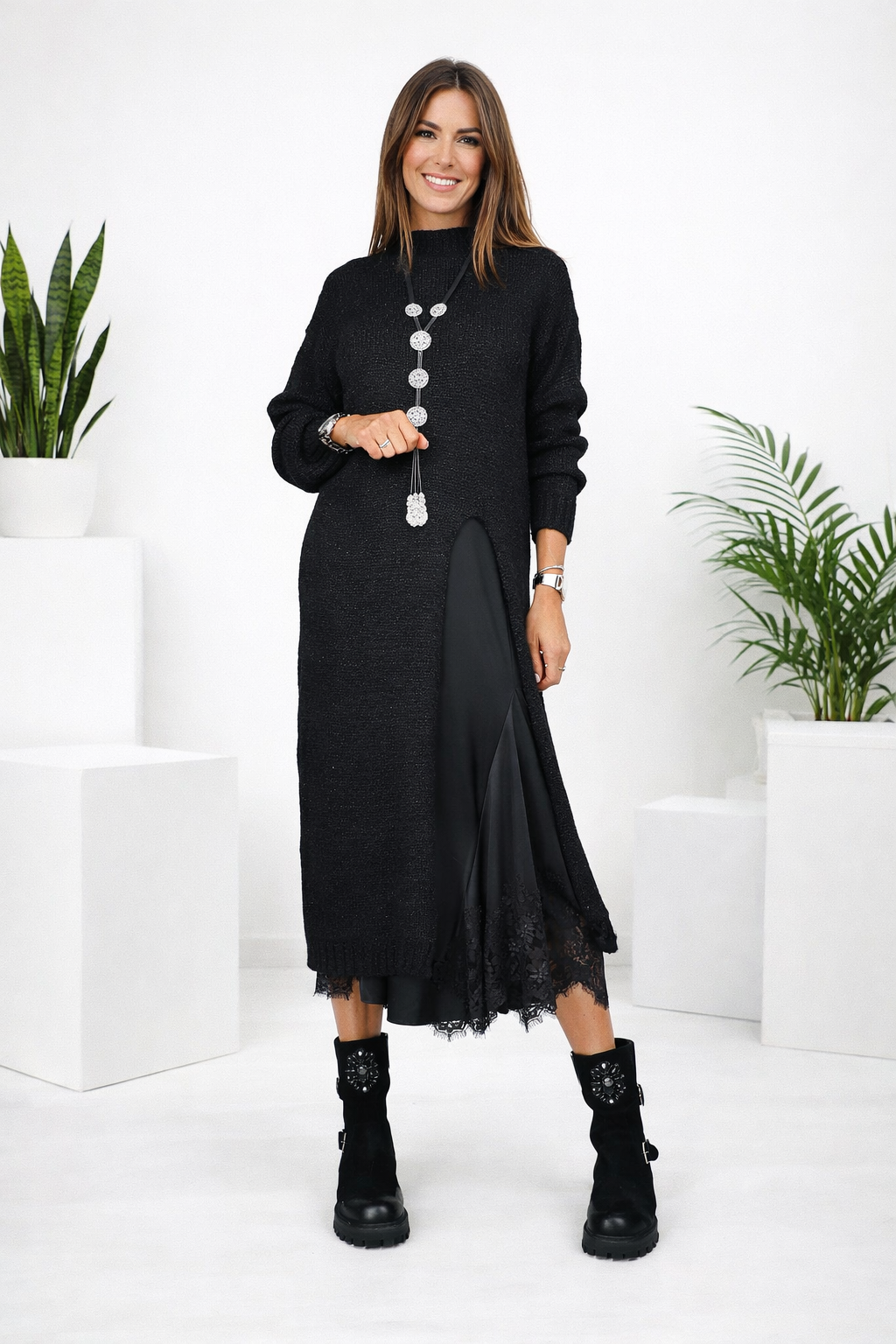 Damen Zweiteiliges Set Regular Fit Satin Unterkleid Strickpullover Elegant Komfort Alltag Modern