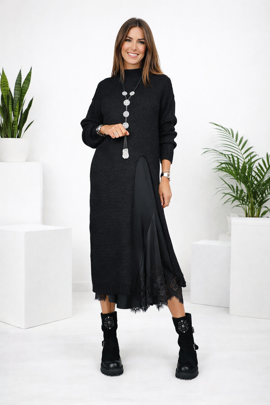 Damen Zweiteiliges Set Regular Fit Satin Unterkleid Strickpullover Elegant Komfort Alltag Modern