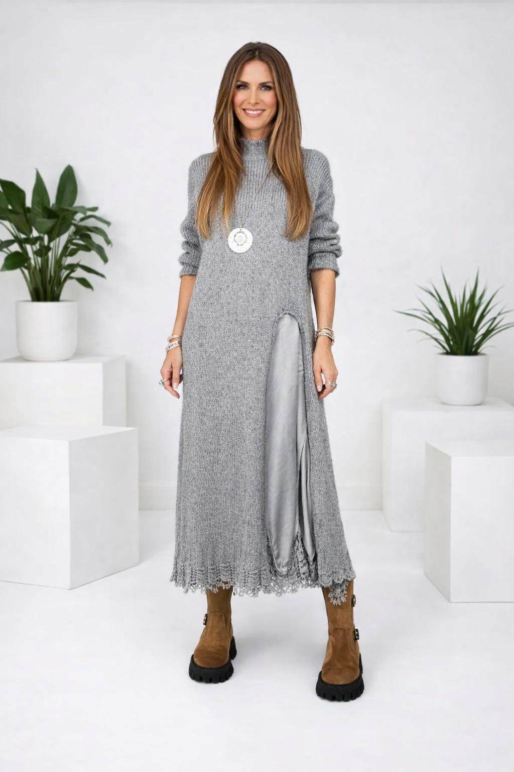 Damen Zweiteiliges Set Regular Fit Satin Unterkleid Strickpullover Elegant Komfort Alltag Modern