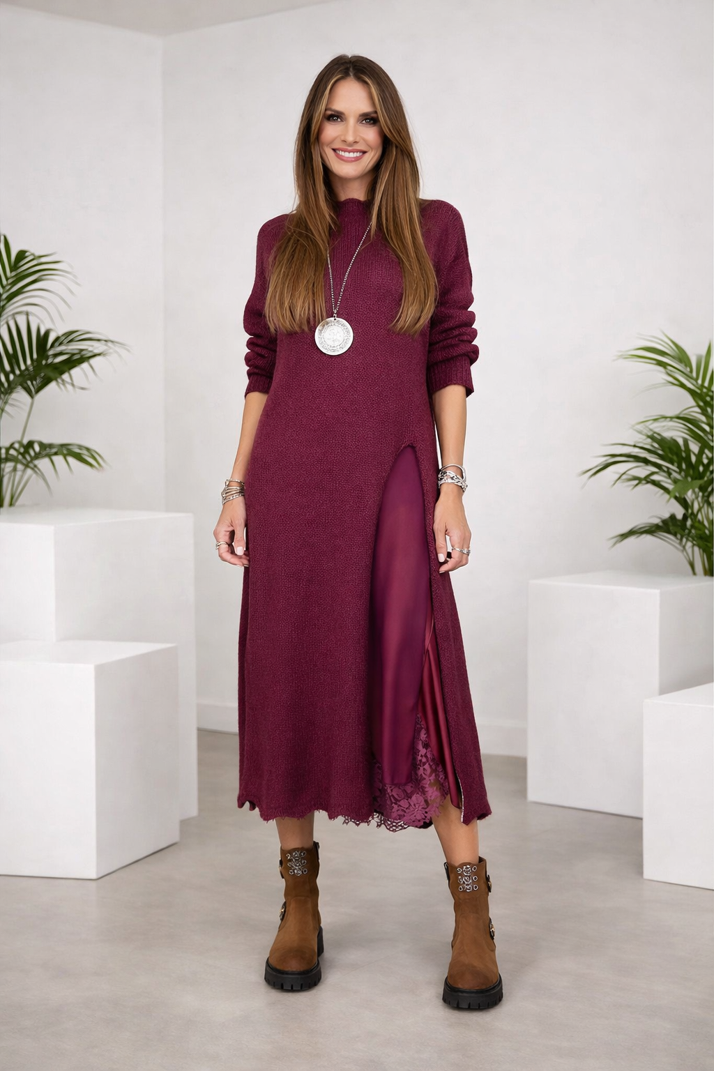 Damen Zweiteiliges Set Regular Fit Satin Unterkleid Strickpullover Elegant Komfort Alltag Modern