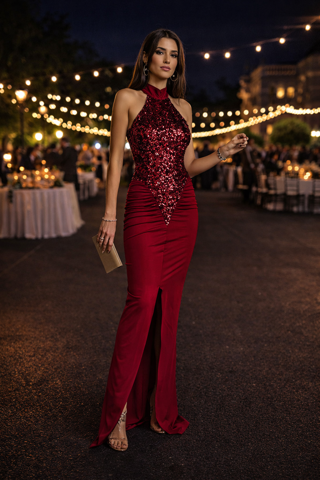 Damen Abendkleid Neckholder mit Pailletten und hohem Schlitz elegant figurbetont lang Größen S–2XL