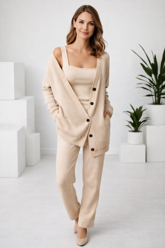 Damen 3-teiliges Lounge Set Regular Fit Strick Cardigan Top Hose Polyester Komfort Casual Alltag