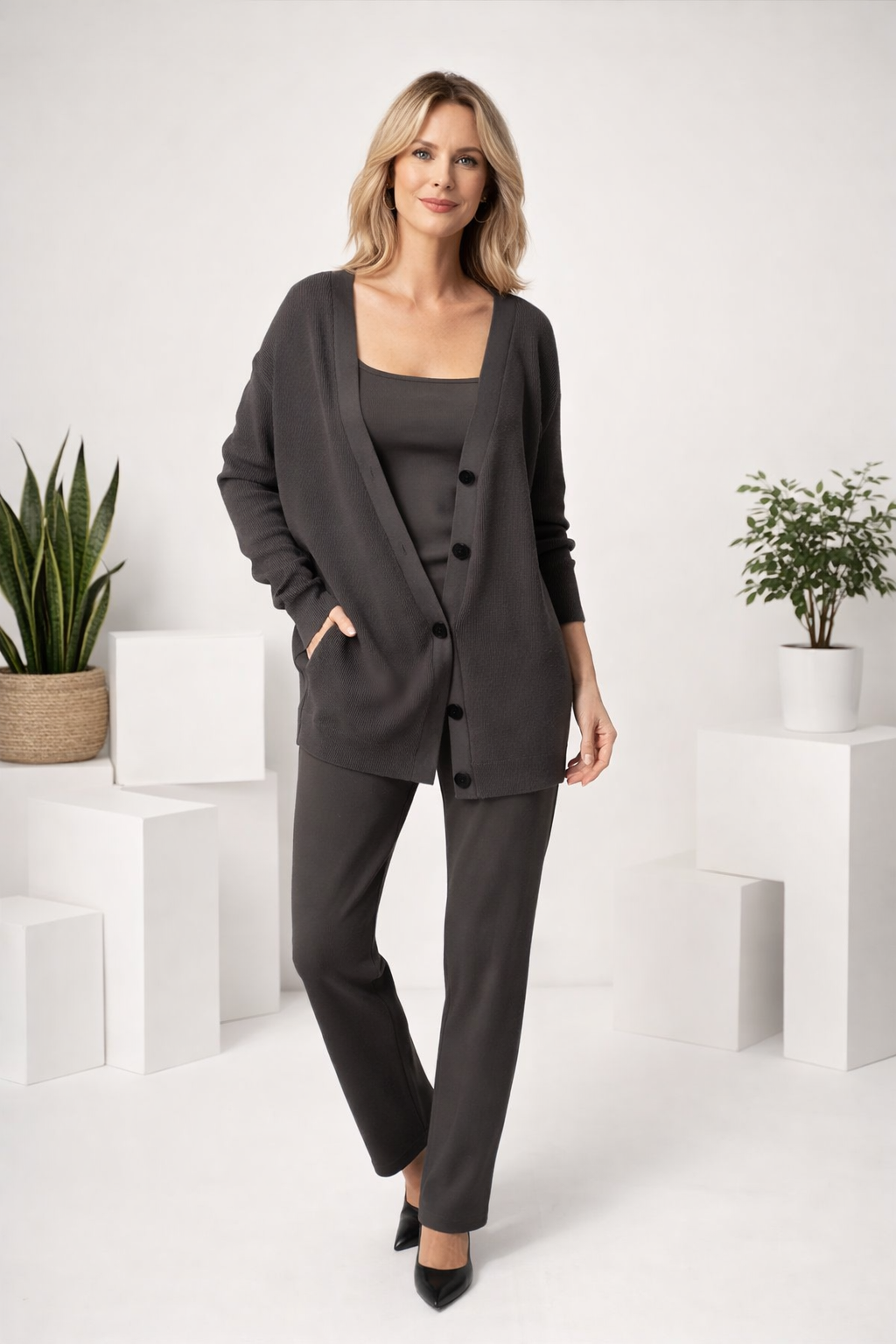 Damen 3-teiliges Lounge Set Regular Fit Strick Cardigan Top Hose Polyester Komfort Casual Alltag