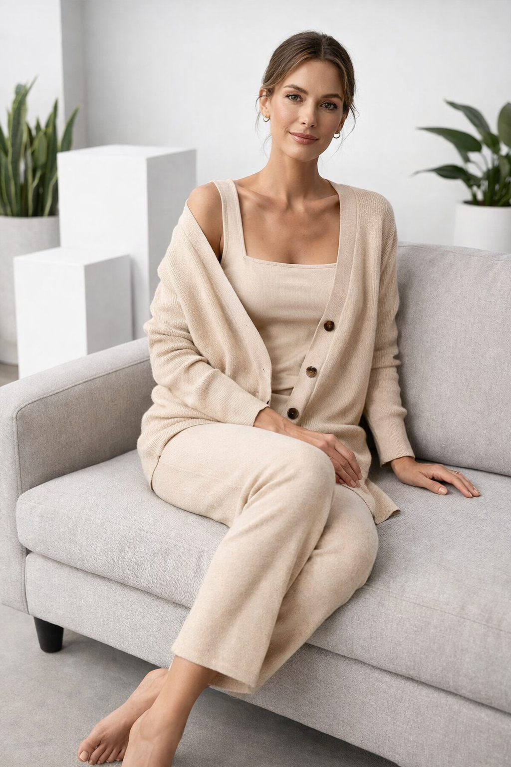 Damen 3-teiliges Lounge Set Regular Fit Strick Cardigan Top Hose Polyester Komfort Casual Alltag