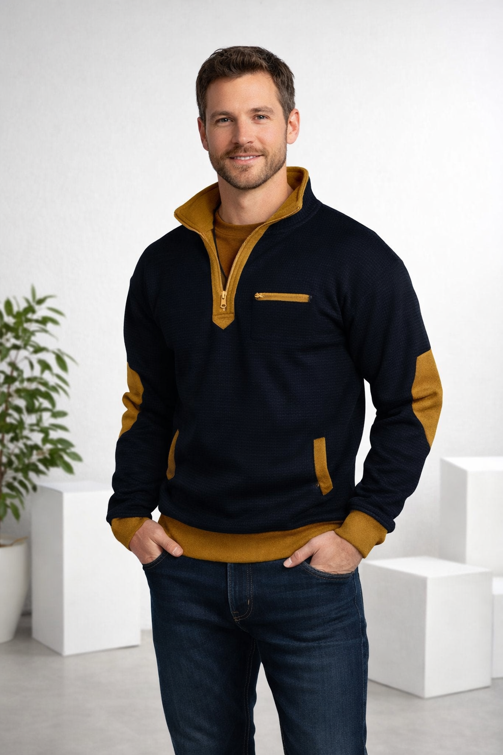 Herren Pullover Regular Fit Viertelreißverschluss Stehkragen Strick Casual Elegant Layering Alltag