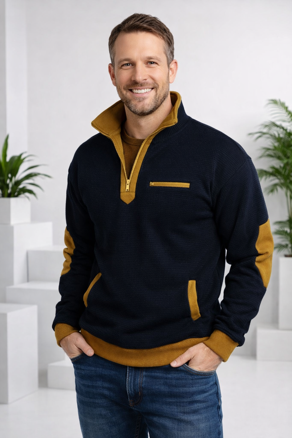 Herren Pullover Regular Fit Viertelreißverschluss Stehkragen Strick Casual Elegant Layering Alltag