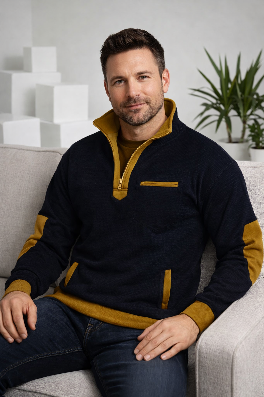 Herren Pullover Regular Fit Viertelreißverschluss Stehkragen Strick Casual Elegant Layering Alltag