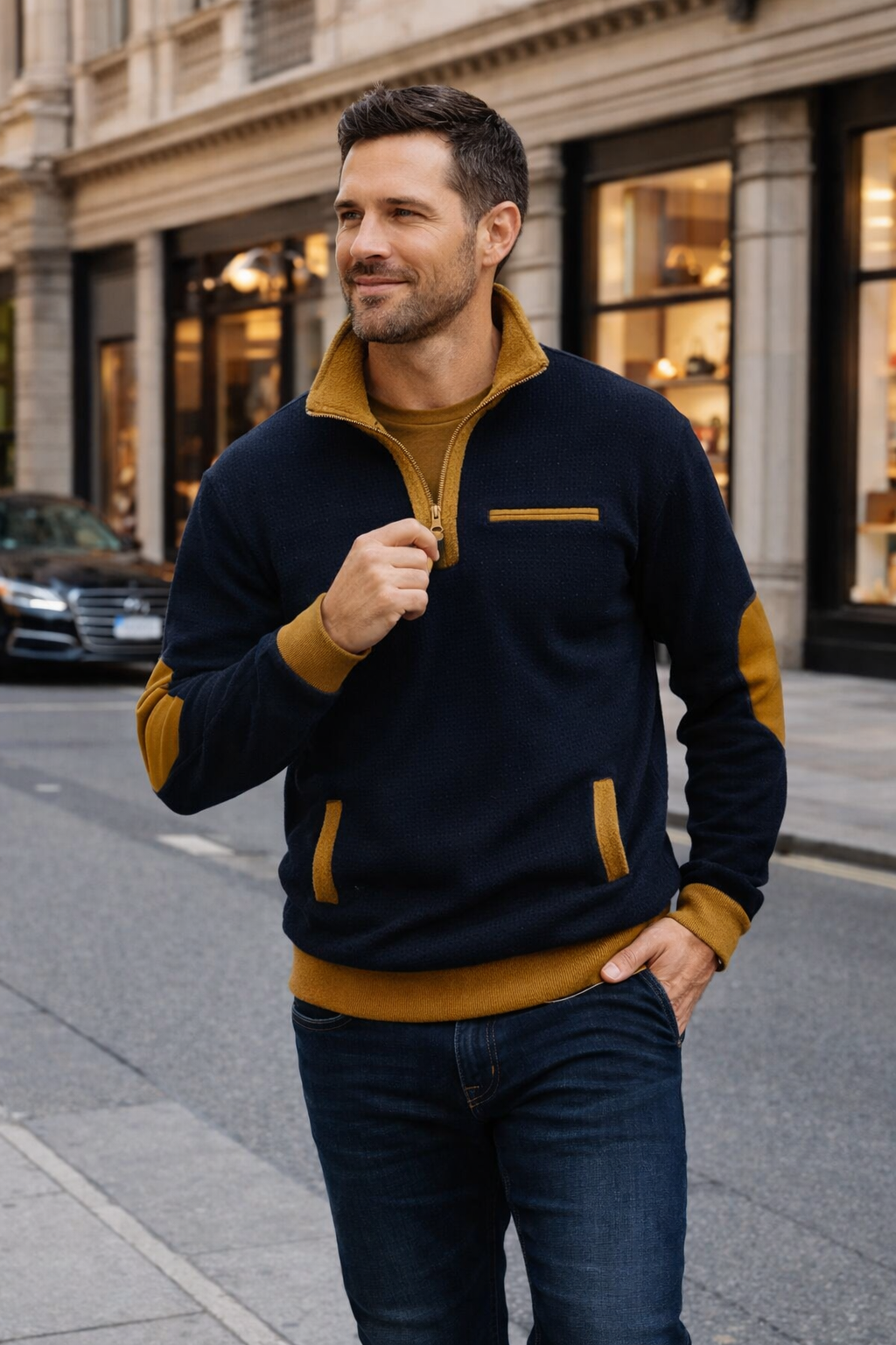 Herren Pullover Regular Fit Viertelreißverschluss Stehkragen Strick Casual Elegant Layering Alltag