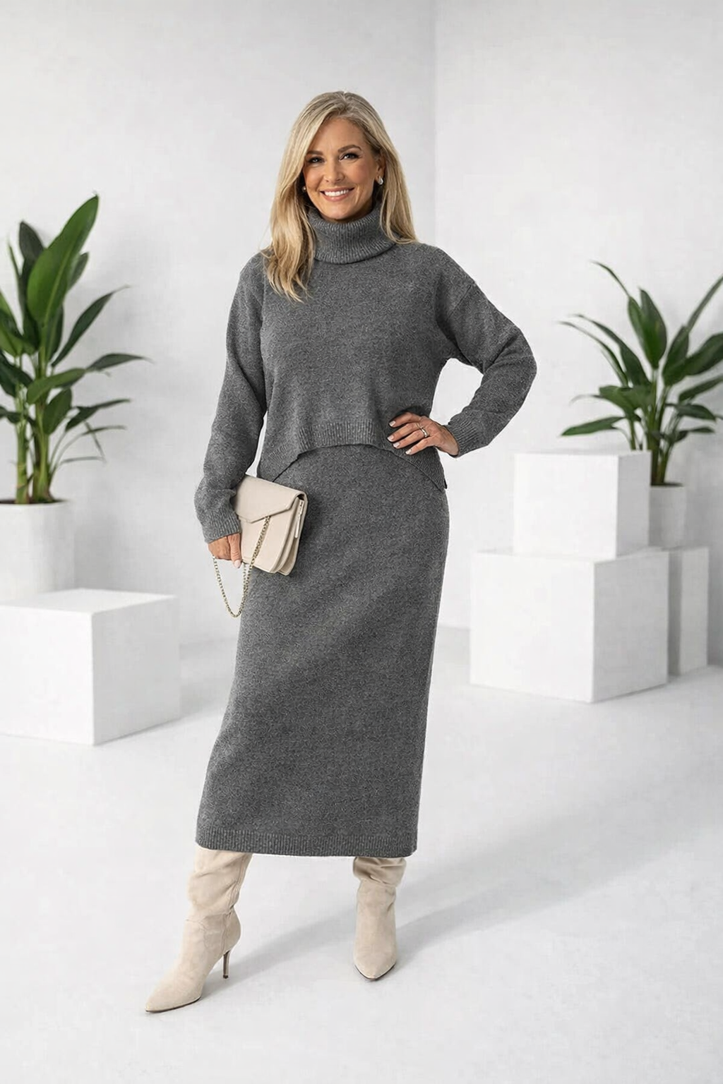 Damen Zweiteiler Regular Fit Strick Midikleid mit Pullover Langarm Winter Set Bequem Elegant Casual Look