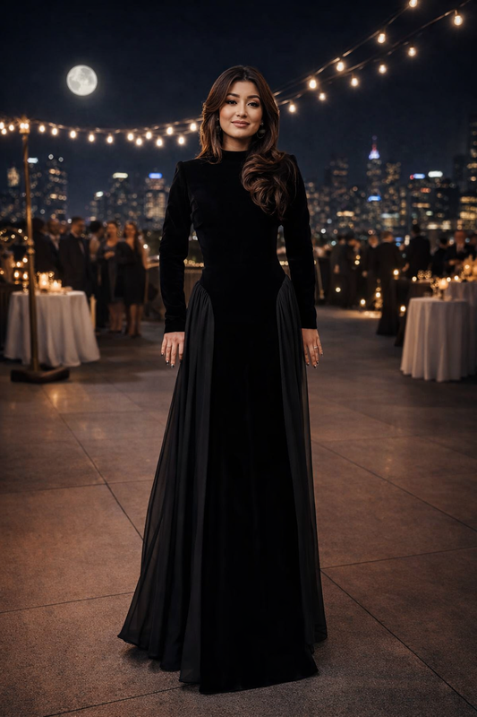 Damen Maxikleid hohe Taille A-Linie langarm Korsettrücken figurbetont elegant