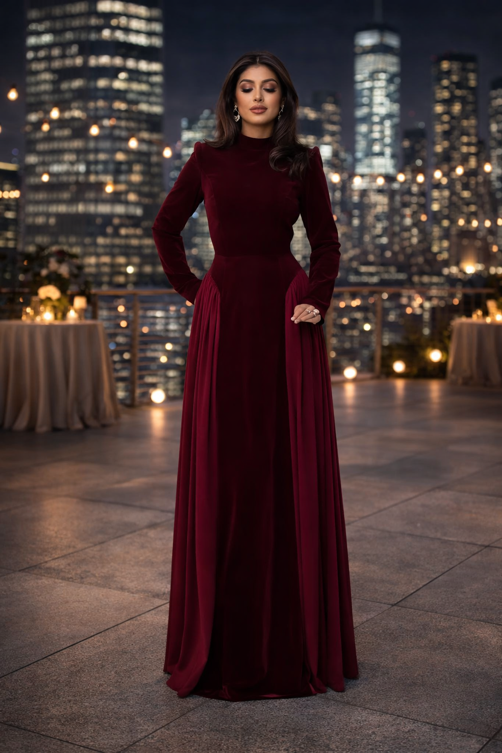 Damen Maxikleid hohe Taille A-Linie langarm Korsettrücken figurbetont elegant