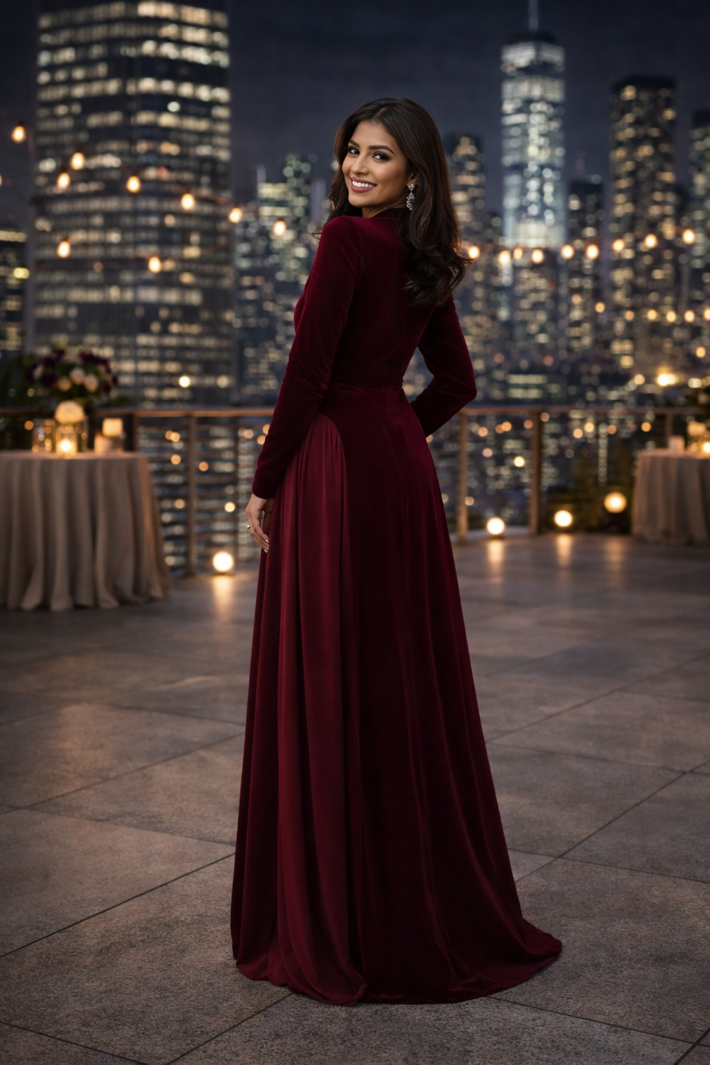 Damen Maxikleid hohe Taille A-Linie langarm Korsettrücken figurbetont elegant