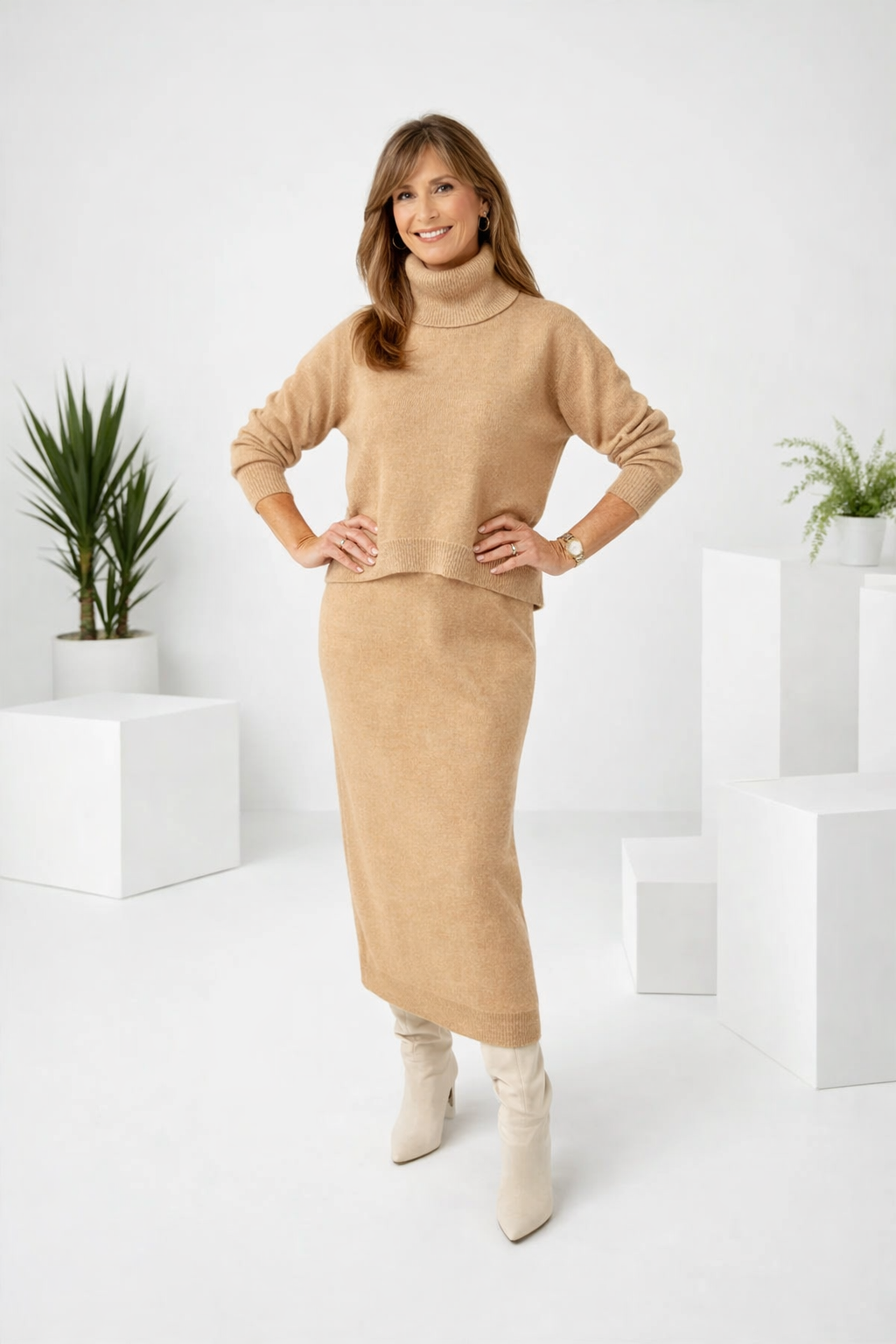Damen Zweiteiler Regular Fit Strick Midikleid mit Pullover Langarm Winter Set Bequem Elegant Casual Look