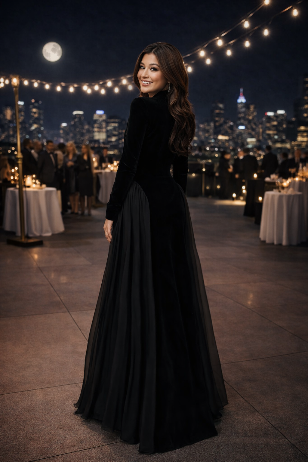 Damen Maxikleid hohe Taille A-Linie langarm Korsettrücken figurbetont elegant