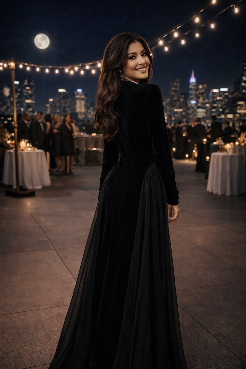 Damen Maxikleid hohe Taille A-Linie langarm Korsettrücken figurbetont elegant