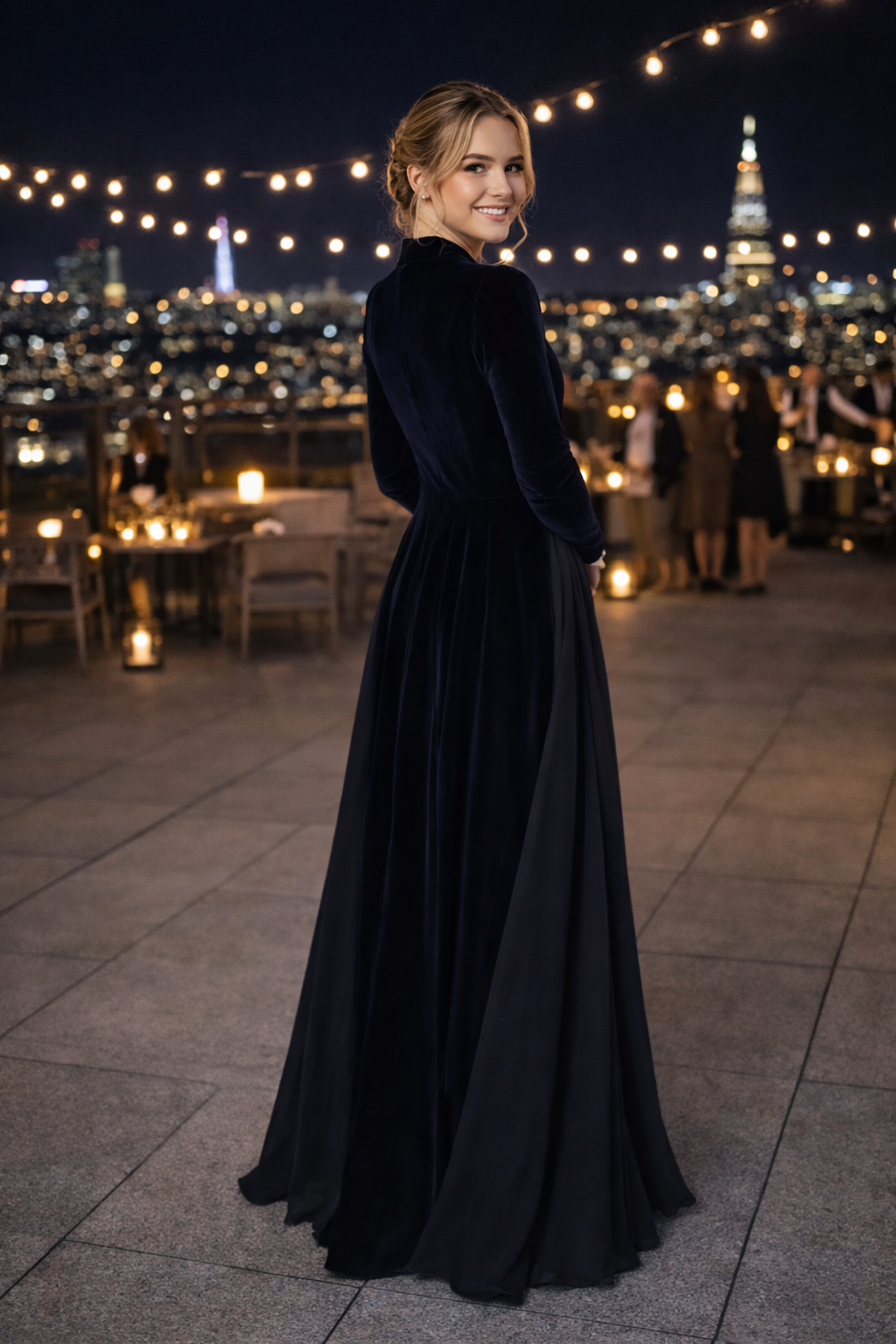 Damen Maxikleid hohe Taille A-Linie langarm Korsettrücken figurbetont elegant