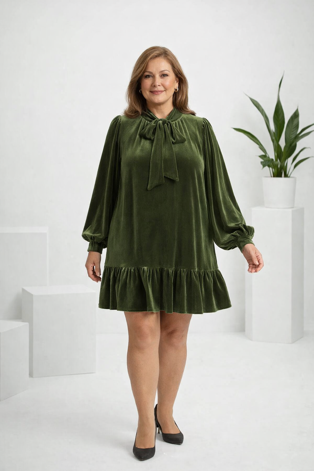 Damen Kleid grün A-Linie langarm Puffärmel mit Schleife am Hals und Rüschensaum