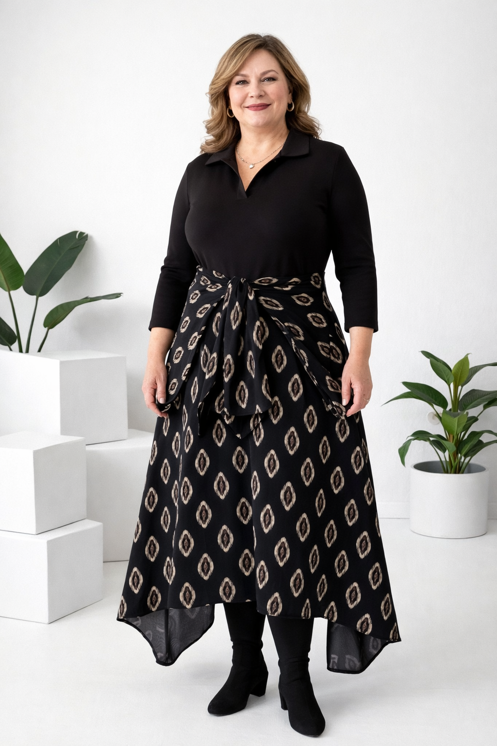 Damen Kleid zweifarbig Fit and Flare Kragen asymmetrischer Saum Bindegürtel elegant