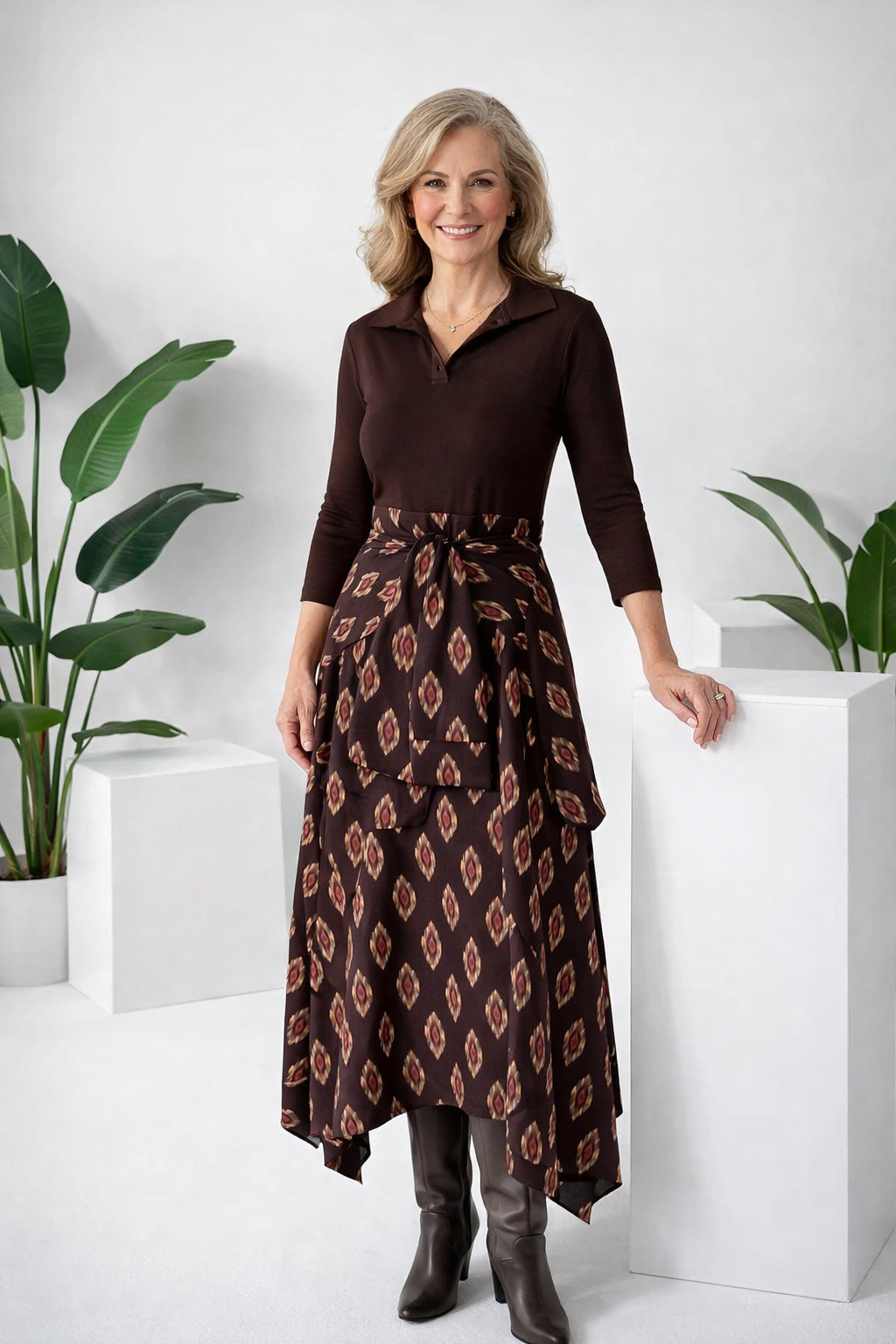 Damen Kleid zweifarbig Fit and Flare Kragen asymmetrischer Saum Bindegürtel elegant