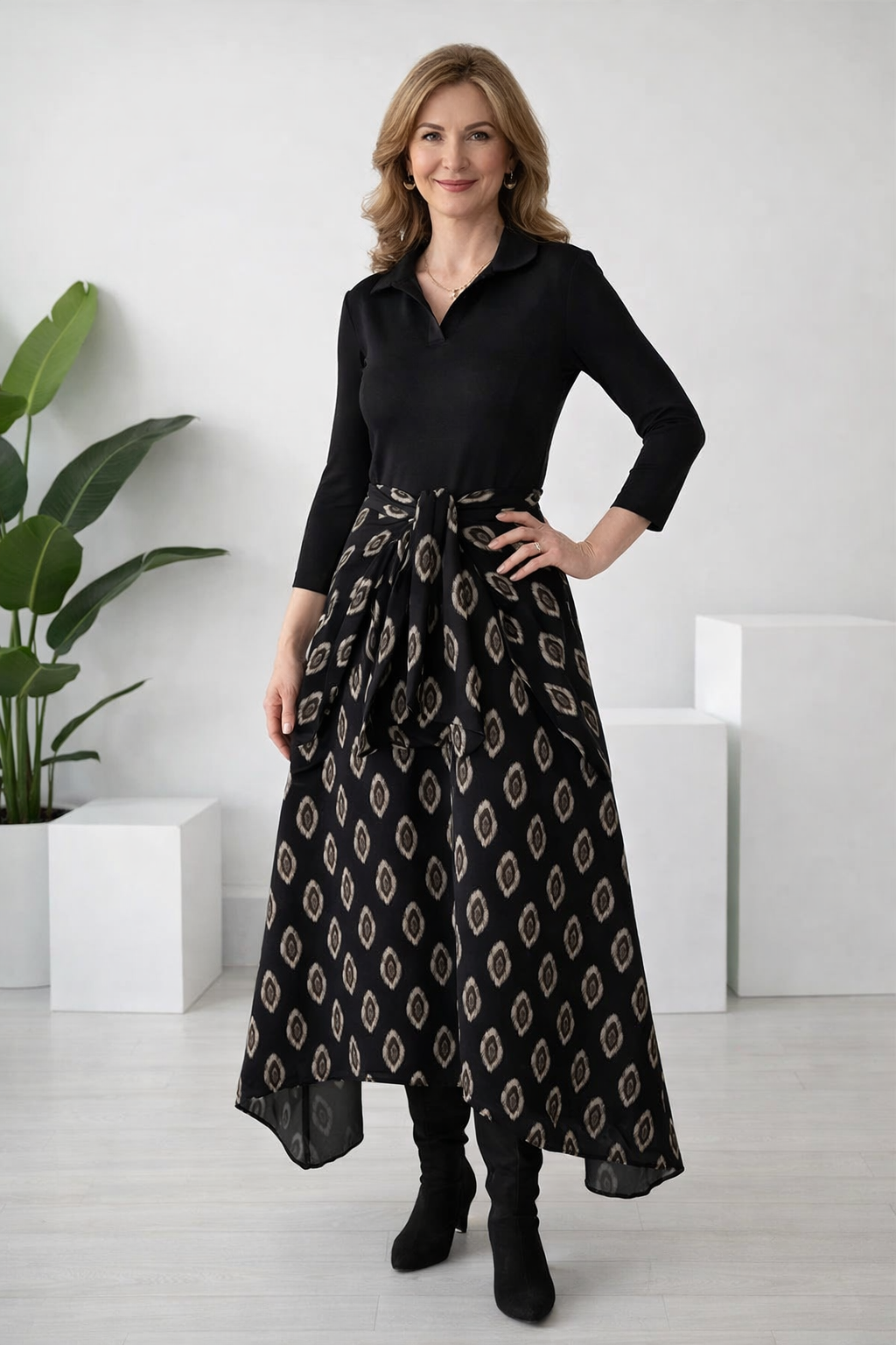 Damen Kleid zweifarbig Fit and Flare Kragen asymmetrischer Saum Bindegürtel elegant