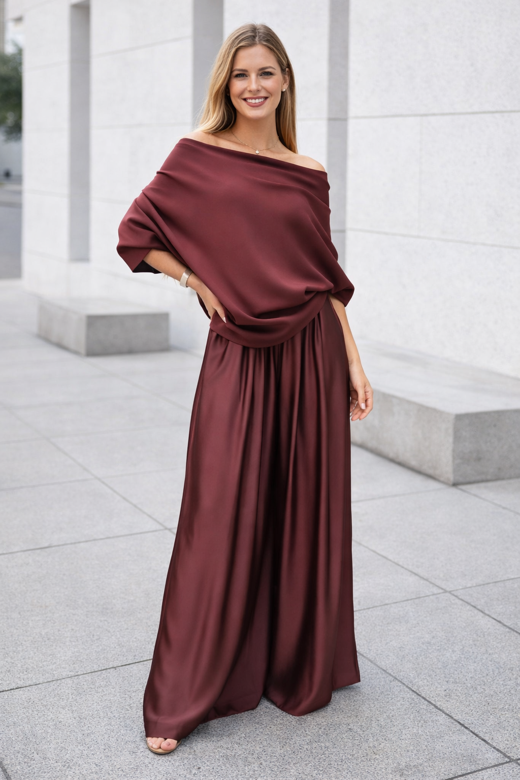 Damen Zweiteiliges Set Regular Fit Satin Hose Strickbluse Weit Geschnitten Elegant Komfort Alltag Business