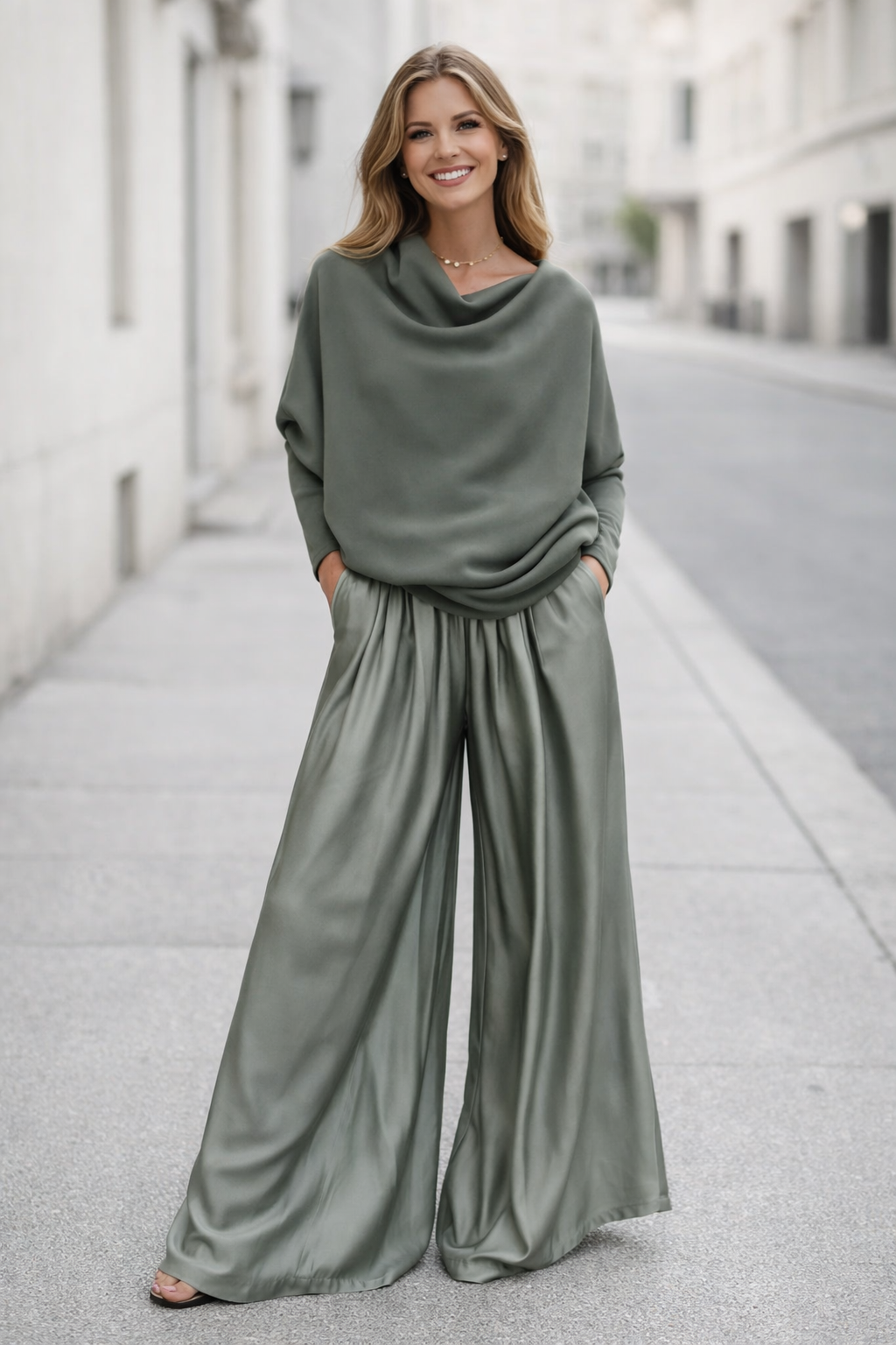 Damen Zweiteiliges Set Regular Fit Satin Hose Strickbluse Weit Geschnitten Elegant Komfort Alltag Business