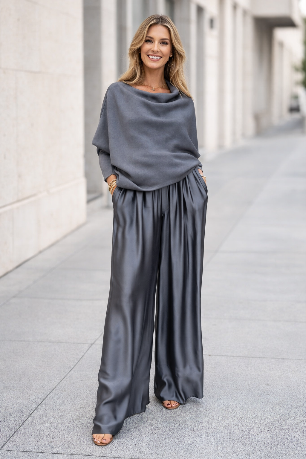 Damen Zweiteiliges Set Regular Fit Satin Hose Strickbluse Weit Geschnitten Elegant Komfort Alltag Business