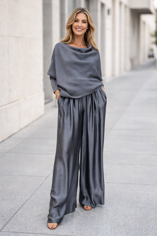 Damen Zweiteiliges Set Regular Fit Satin Hose Strickbluse Weit Geschnitten Elegant Komfort Alltag Business