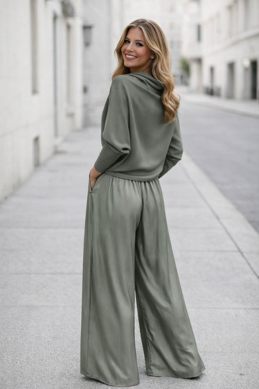 Damen Zweiteiliges Set Regular Fit Satin Hose Strickbluse Weit Geschnitten Elegant Komfort Alltag Business