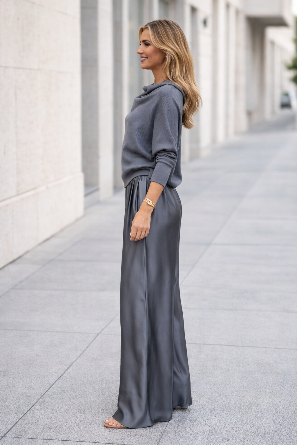 Damen Zweiteiliges Set Regular Fit Satin Hose Strickbluse Weit Geschnitten Elegant Komfort Alltag Business