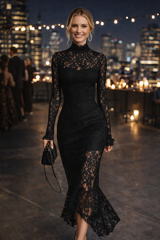 Damen Maxikleid Spitze Slim Fit figurbetont mit Fishtail Saum elegant mit Reißverschluss bequeme Passform