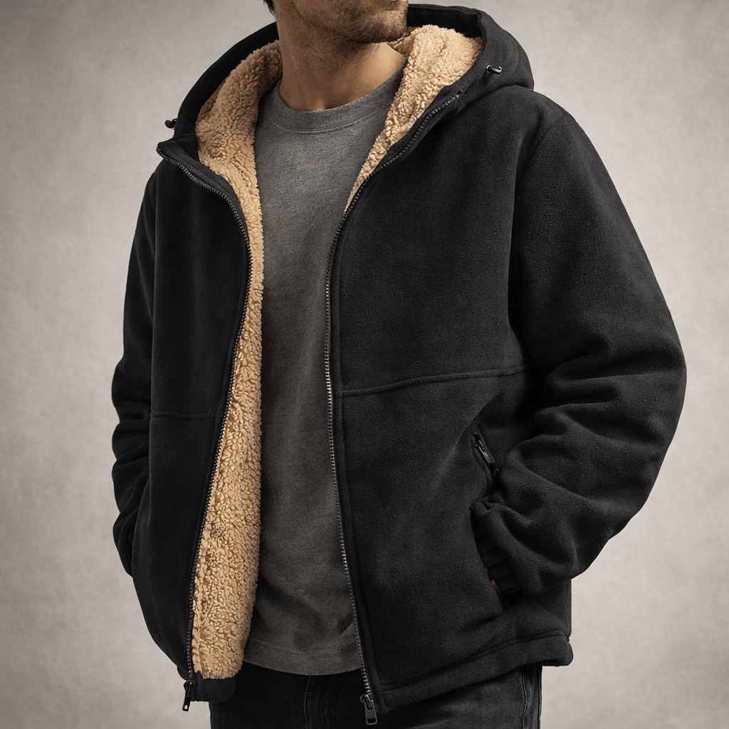 Herren Winterjacke Regular Fit Fleece Sherpa Futter Kapuze Reißverschluss Warm Outdoor Alltag