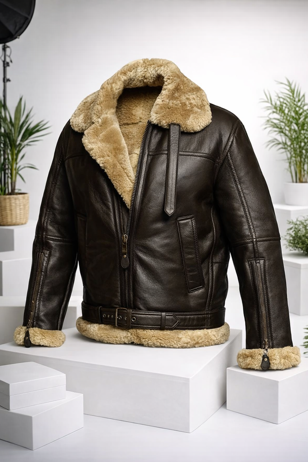 Herren Lederjacke Schwarz Warm Gefüttert Kragen Verstellbar Reißverschluss