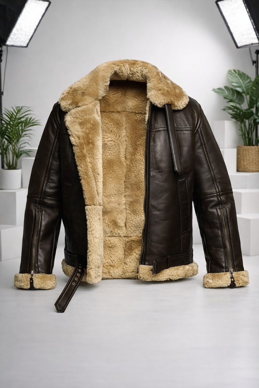 Herren Lederjacke Schwarz Warm Gefüttert Kragen Verstellbar Reißverschluss
