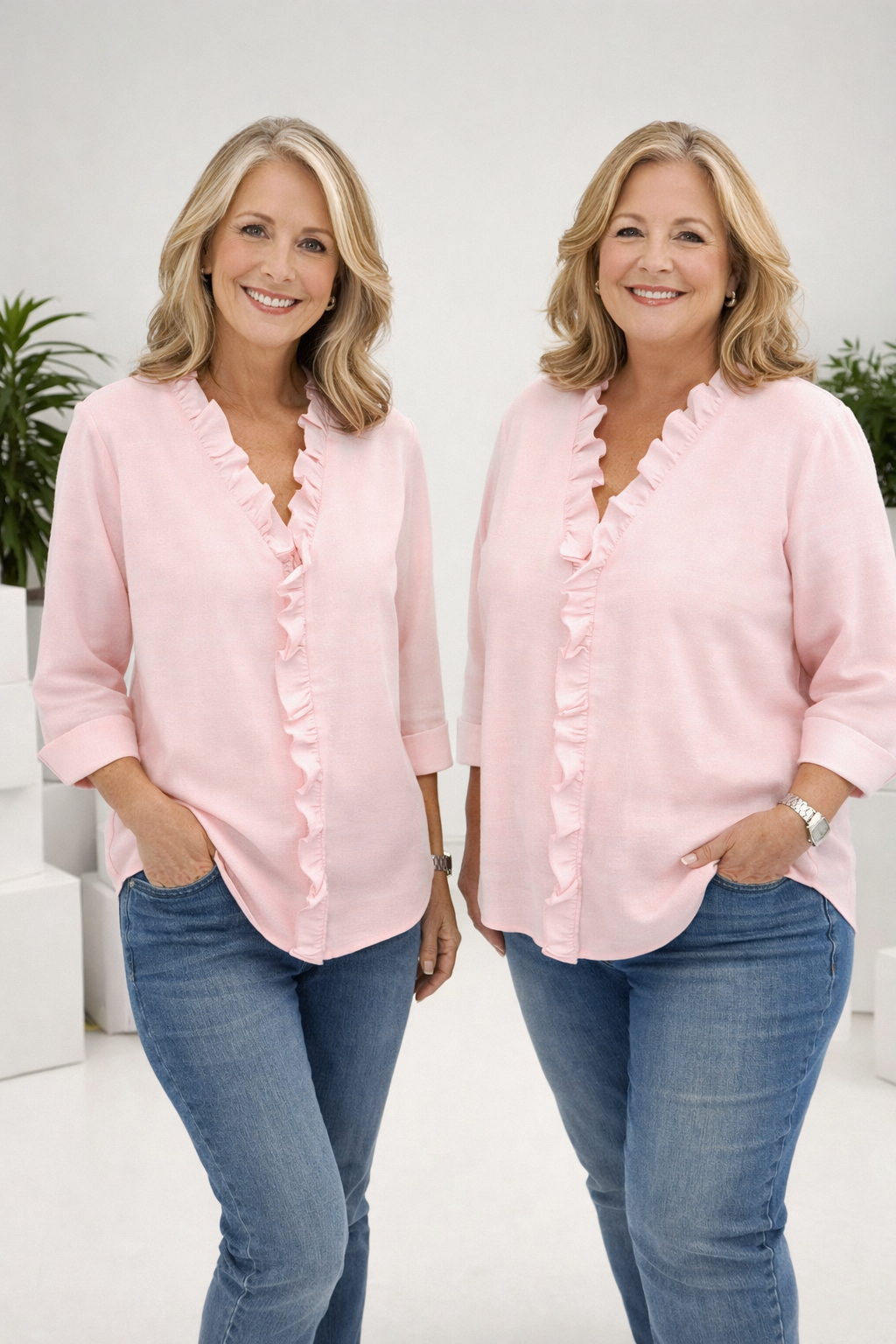 Damen Bluse V-Ausschnitt Rüschen Langarm Lockerer Schnitt Elegant Casual