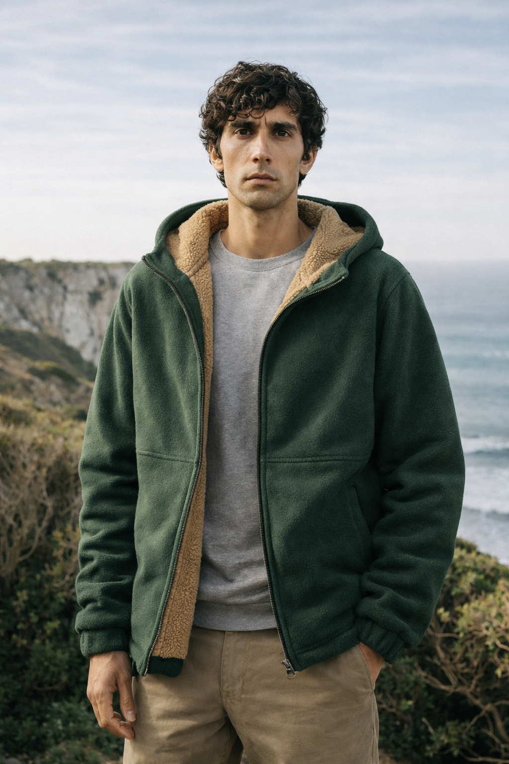 Herren Winterjacke Regular Fit Fleece Sherpa Futter Kapuze Reißverschluss Warm Outdoor Alltag