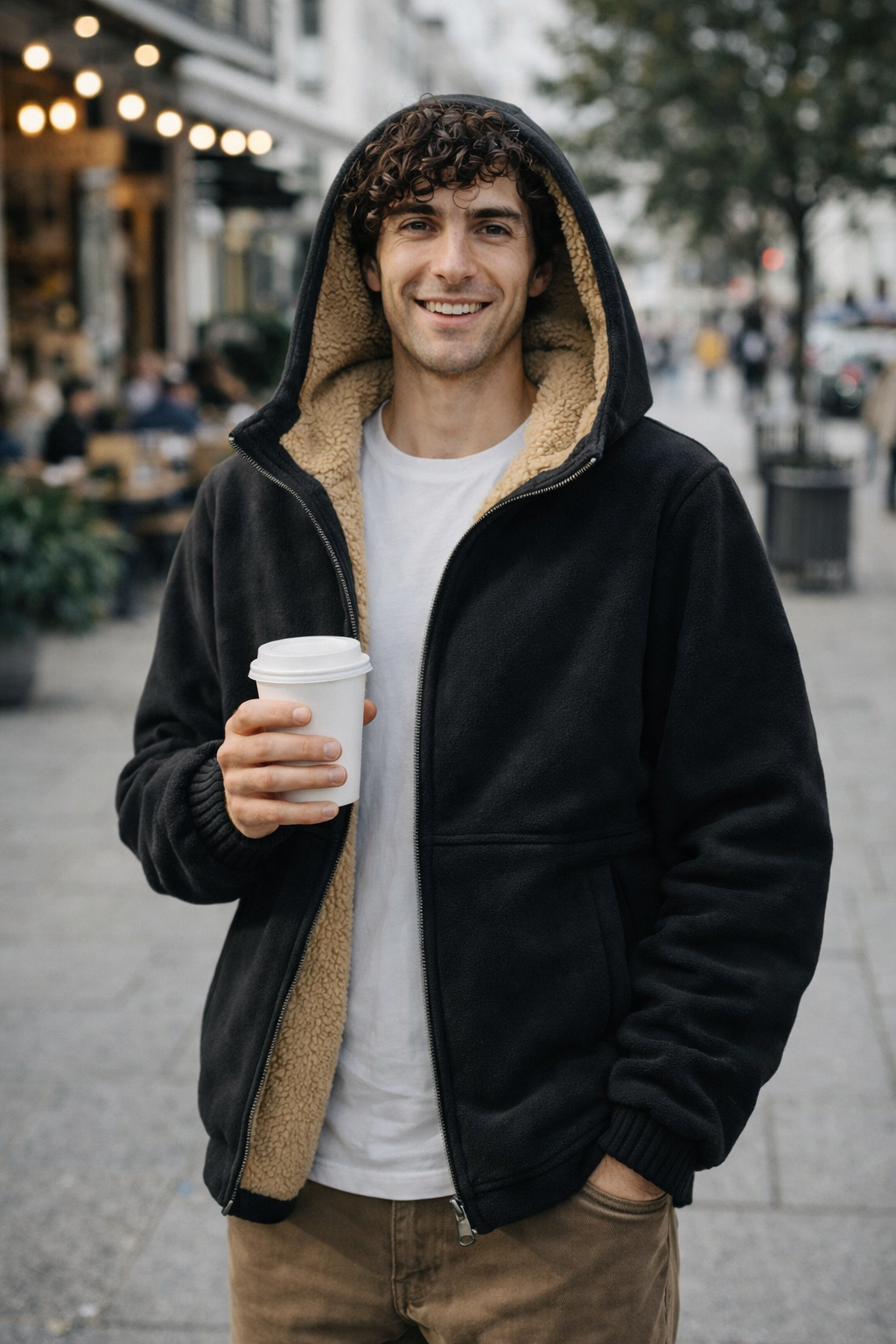 Herren Winterjacke Regular Fit Fleece Sherpa Futter Kapuze Reißverschluss Warm Outdoor Alltag