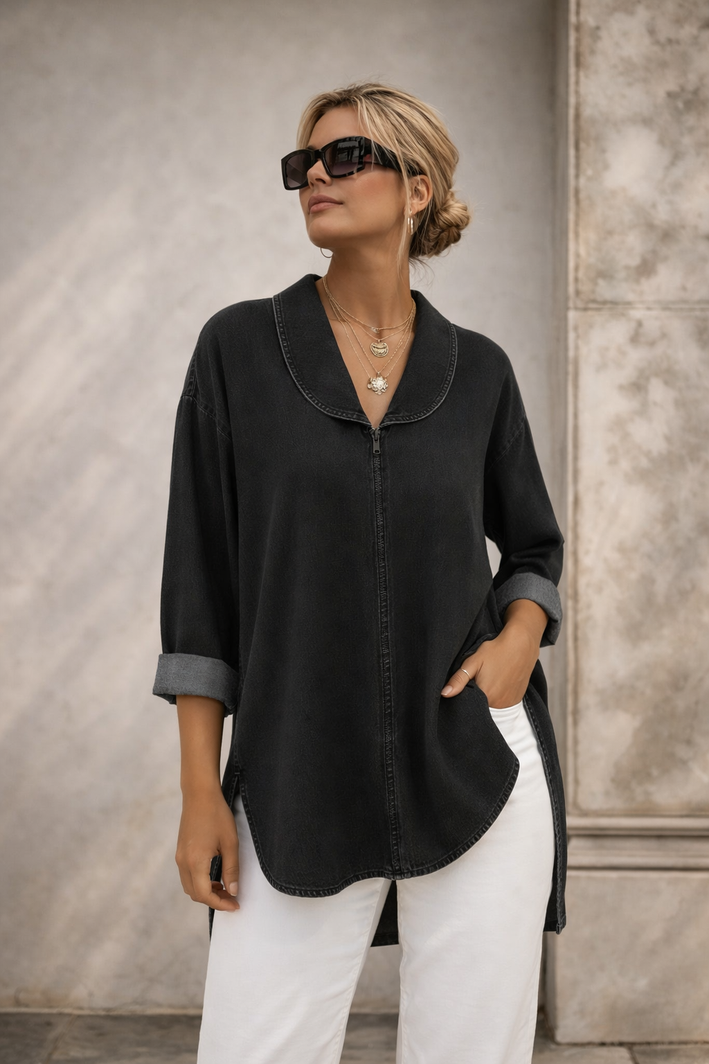 Damen Denim Oberteil Schalkragen Lockerer Schnitt Casual Elegant Atmungsaktiv